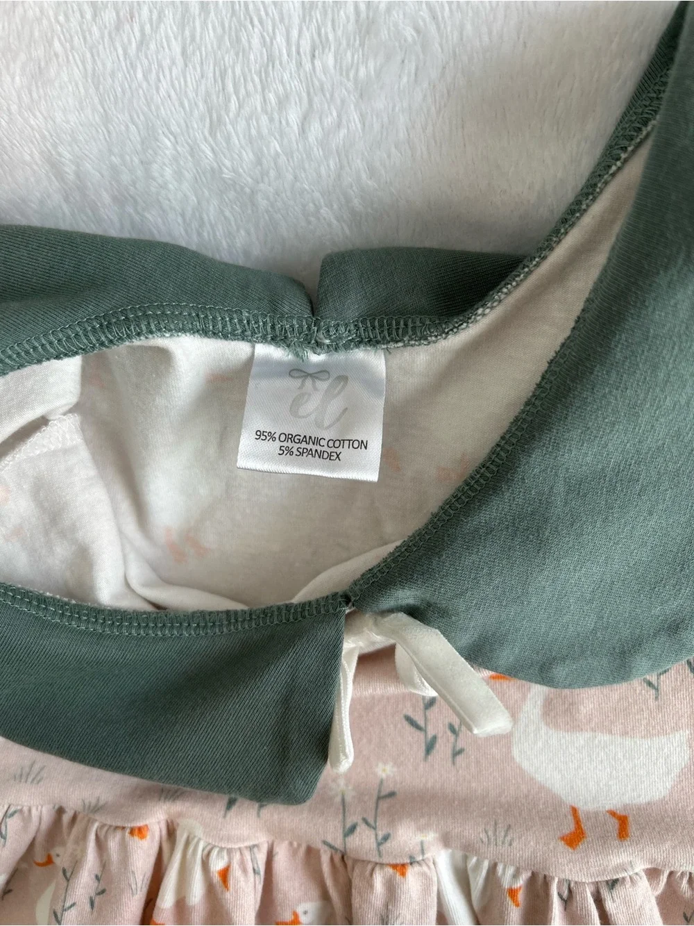 Girls Taupe Goose-Print Dress with Green Peter Pan Collar